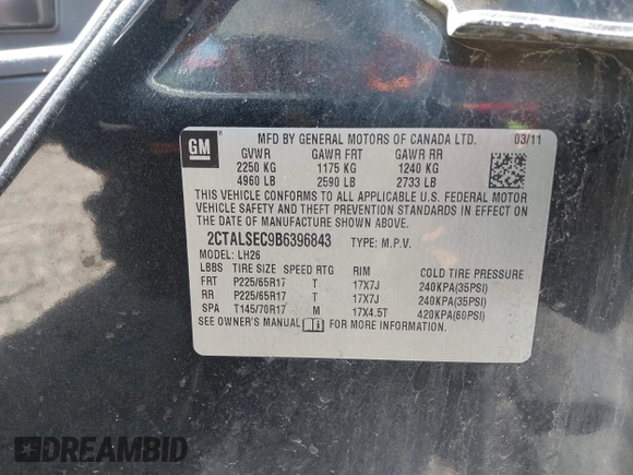 2011 GMC Terrain SLE-2 with VIN 2CTALSEC9B6396843, listed as a IAAI auction lot 42237392 with 243,646 mi miles and . Bid and sale history available at DreamBid. Image 9.
