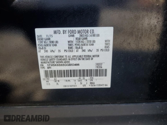 2016 Ford Explorer with VIN 1FM5K8B85GGB53486, listed as a Copart auction lot 59494115 with 155,730 mi miles and Salvage title. Bid and sale history available at DreamBid. Image 13.