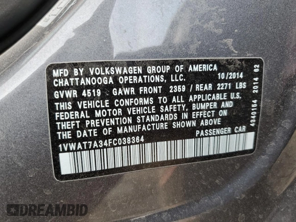 2015 Volkswagen Passat Limited Edition Edition z VIN 1VWAT7A34FC038364, wystawiony jako Copart lot #53844245 z przebiegiem 205 658 mil mil oraz Nie do naprawy • Non repairable. Historia ofert i sprzedaży dostępna na DreamBid. Obrazek 13.