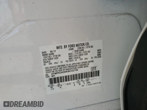 2019 Ford Edge Titanium z VIN 2FMPK3K99KBC62750, wystawiony jako Copart lot #57854045 z przebiegiem 57 327 mil mil oraz Szkoda całkowita • Salvage title. Historia ofert i sprzedaży dostępna na DreamBid. Obrazek 13.