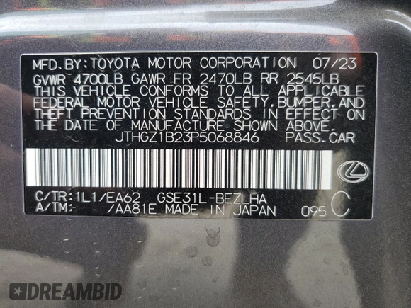2023 Lexus IS 350 F Sport with VIN JTHGZ1B23P5068846, listed as a Copart auction lot 51160415 with 10,279 mi miles and Salvage title. Bid and sale history available at DreamBid. Image 14.