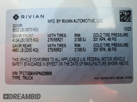 2023 Rivian R1T Adventure z VIN 7FCTGBAA5PN028668, wystawiony jako Copart lot #61126184 z przebiegiem 2337 mil mil oraz Szkody całkowita. Historia ofert i sprzedaży dostępna na DreamBid. Obrazek 13.