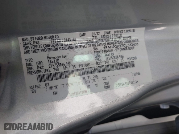 2012 Ford Focus SE with VIN 1FAHP3K27CL333433, listed as a IAAI auction lot 42140452 with 156,048 mi miles and . Bid and sale history available at carsss.com. Image 9.