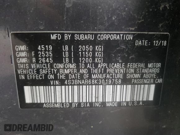 2019 Subaru Legacy Sport with VIN 4S3BNAR68K3019758, listed as a Copart auction lot 54580365 with 33,782 mi miles and Salvage Title. Bid and sale history available at carsss.com. Image 12.