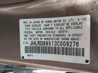 2003 Honda CR-V LX with VIN JHLRD68513C009276, listed as a IAAI auction lot 41563452 with 240,519 mi miles and . Bid and sale history available at DreamBid. Image 9.