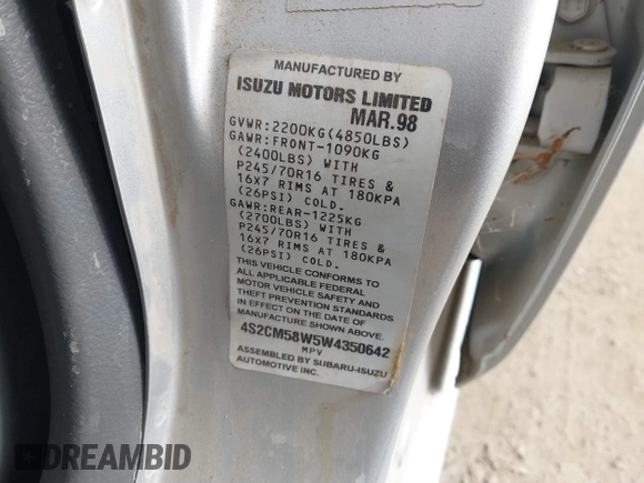 1998 Isuzu Rodeo S с VIN 4S2CM58W5W4350642, выставлен на аукционе IAAI как лот 41545706 с пробегом Не указан миль и . История ставок и продаж доступна на DreamBid. Изображение 9.