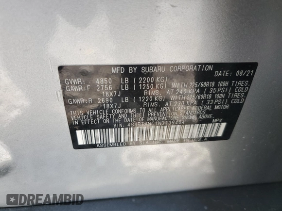 2022 Subaru Outback Limited with VIN 4S4BTANC1N3139404, listed as a Copart auction lot 60096315 with 62,911 mi miles and Salvage title. Bid and sale history available at DreamBid. Image 13.