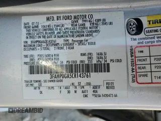 2012 Ford Fusion S with VIN 3FAHP0GA5CR143761, listed as a Copart auction lot 50675795 with 184,953 mi miles and Salvage Title. Bid and sale history available at carsss.com. Image 12.