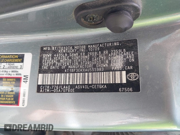 2010 Toyota Camry with VIN 4T1BF3EKXAU555983, listed as a IAAI auction lot 42112803 with 125,061 mi miles and . Bid and sale history available at DreamBid. Image 9.