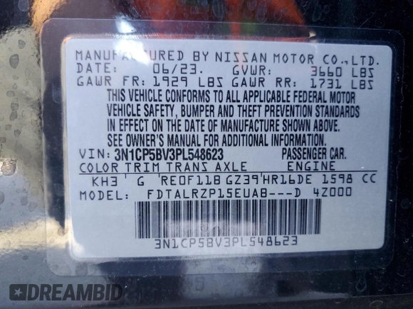 2023 Nissan Kicks S with VIN 3N1CP5BV3PL548623, listed as a Copart auction lot 50471335 with 15,770 mi miles and Salvage Title. Bid and sale history available at DreamBid. Image 14.