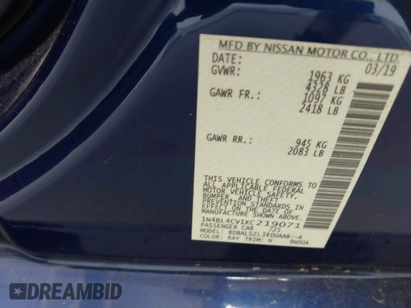2019 Nissan Altima SR with VIN 1N4BL4CV1KC219071, listed as a IAAI auction lot 42115002 with 98,088 mi miles and . Bid and sale history available at carsss.com. Image 9.