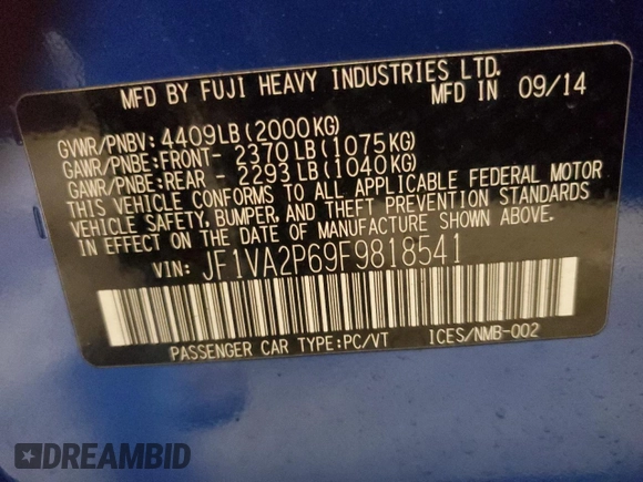 2015 Subaru WRX STI with VIN JF1VA2P69F9818541, listed as a Copart auction lot 41887815 with Not Provided miles and Clean Title. Bid and sale history available at DreamBid. Image 12.