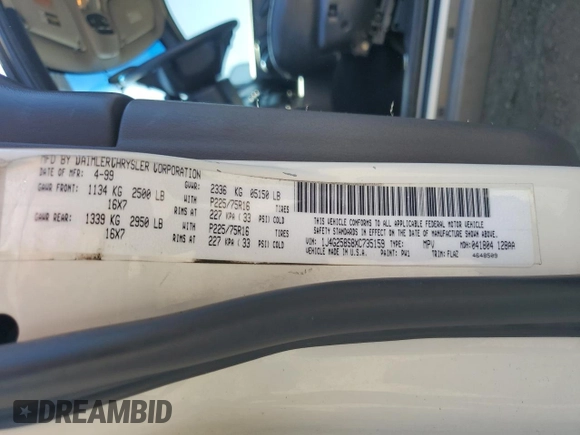 1999 Jeep Grand Cherokee Laredo с VIN 1J4G258S8XC735159, выставлен на аукционе Copart как лот 56247505 с пробегом 241 636 миль миль и Списание • Salvage title. История ставок и продаж доступна на DreamBid. Изображение 13.