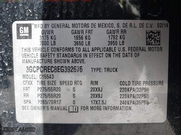2014 Chevrolet Silverado 1500 LT with VIN 3GCPCREC8EG392676, listed as a IAAI auction lot 41843855 with 98,257 mi miles. Bid and sale history available at carsss.com. Image 9.