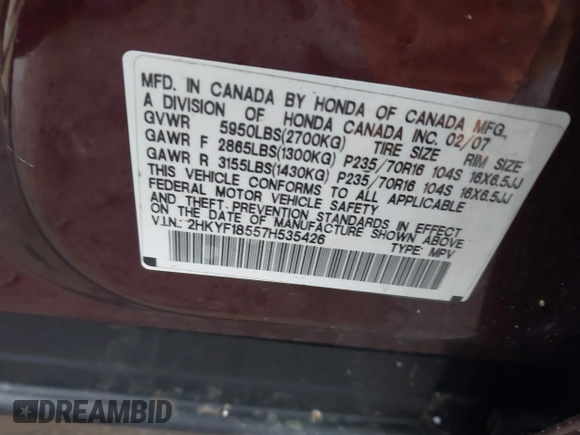 2007 Honda Pilot EX-L with VIN 2HKYF18557H535426, listed as a IAAI auction lot 41126160 with 169,336 mi miles. Bid and sale history available at carsss.com. Image 9.