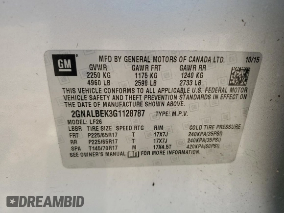 2016 Chevrolet Equinox LS with VIN 2GNALBEK3G1128787, listed as a Copart auction lot 52517965 with 73,484 mi miles and Salvage Title. Bid and sale history available at carsss.com. Image 13.
