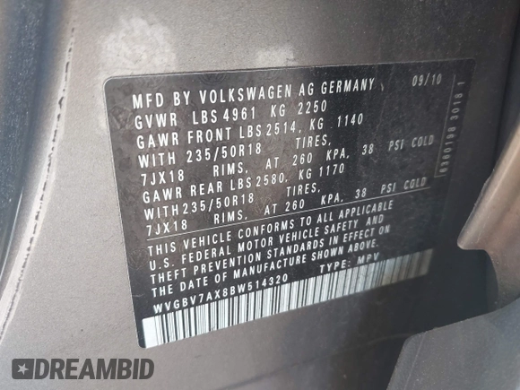 2011 Volkswagen Tiguan SE with VIN WVGBV7AX8BW514320, listed as a IAAI auction lot 42138794 with 76,079 mi miles and . Bid and sale history available at DreamBid. Image 9.