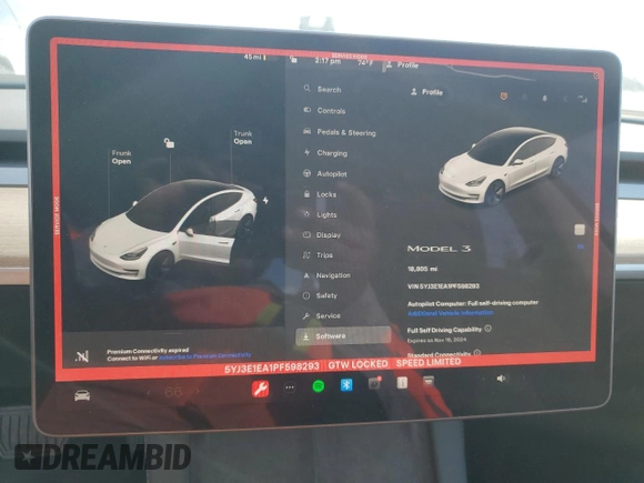 2023 Tesla Model 3 z VIN 5YJ3E1EA1PF598293, wystawiony jako Copart lot #78103684 z przebiegiem 18 805 mil mil oraz Szkoda całkowita • Salvage title. Historia ofert i sprzedaży dostępna na DreamBid. Obrazek 9.