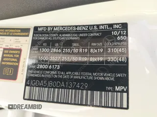 2013 Mercedes-Benz M 350 with VIN 4JGDA5JB0DA137429, listed as a IAAI auction lot 41936114 with 120,106 mi miles and . Bid and sale history available at DreamBid. Image 9.
