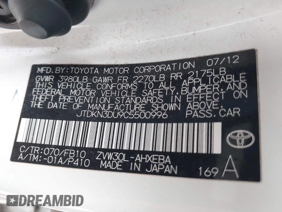 2012 Toyota Prius One z VIN JTDKN3DU9C5500996, wystawiony jako IAAI lot #42331470 z przebiegiem 153 382 mil mil oraz . Historia ofert i sprzedaży dostępna na DreamBid. Obrazek 9.