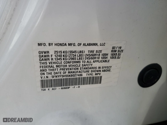 2019 Honda Pilot EX-L with VIN 5FNYF5H55KB027486, listed as a Copart auction lot 48915365 with 62,990 mi miles and Salvage Title. Bid and sale history available at carsss.com. Image 14.