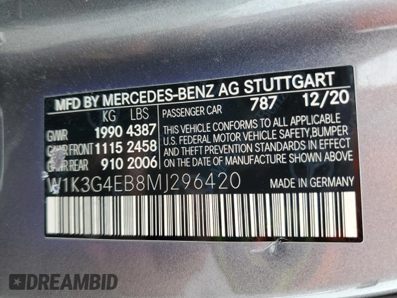 2021 Mercedes-Benz A 220 with VIN W1K3G4EB8MJ296420, listed as a Copart auction lot 55808815 with 157,547 mi miles and Salvage title. Bid and sale history available at DreamBid. Image 12.