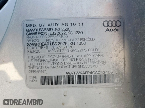 2012 Audi Q5 Prestige with VIN WA1WKAFP4CA053405, listed as a Copart auction lot 52707185 with 177,210 mi miles and Salvage title. Bid and sale history available at DreamBid. Image 13.