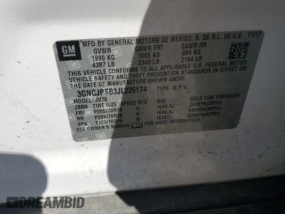 2018 Chevrolet Trax LT with VIN 3GNCJPSB3JL226174, listed as a Copart auction lot 48399145 with 184,416 mi miles and Salvage Title. Bid and sale history available at carsss.com. Image 13.