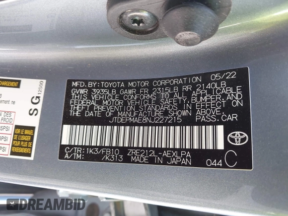 2022 Toyota Corolla LE with VIN JTDEPMAE8NJ227215, listed as a IAAI auction lot 41855168 with 24,563 mi miles and . Bid and sale history available at DreamBid. Image 9.