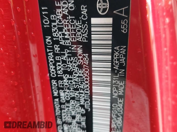 2012 Toyota Yaris L with VIN JTDJTUD30CD507484, listed as a Copart auction lot 53858105 with 81,656 mi miles and Salvage Title. Bid and sale history available at carsss.com. Image 12.