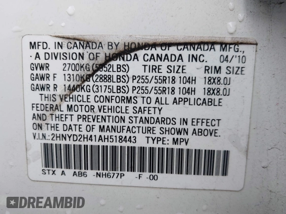 2010 Acura MDX Technology with VIN 2HNYD2H41AH518443, listed as a IAAI auction lot 41816773 with 181,582 mi miles and . Bid and sale history available at DreamBid. Image 9.