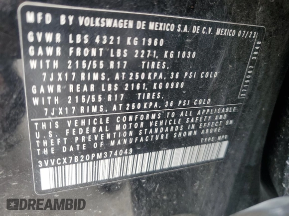 2023 Volkswagen Taos S с VIN 3VVCX7B20PM374049, выставлен на аукционе Copart как лот 52433635 с пробегом 35 724 миль миль и Списание • Salvage title. История ставок и продаж доступна на DreamBid. Изображение 16.