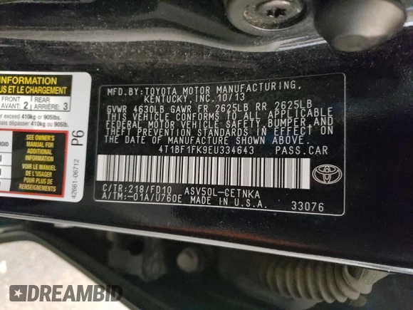 2014 Toyota Camry L with VIN 4T1BF1FK9EU334643, listed as a Copart auction lot 55058365 with 150,254 mi miles and Salvage Title. Bid and sale history available at carsss.com. Image 12.