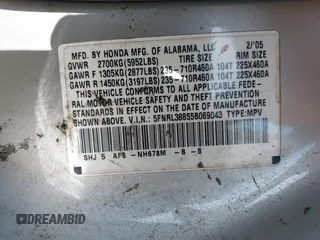2005 Honda Odyssey TOURING with VIN 5FNRL38855B069043, listed as a IAAI auction lot 42035153 with 236,533 mi miles. Bid and sale history available at carsss.com. Image 9.