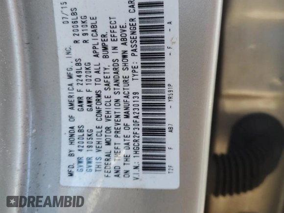 2015 Honda Accord Sedan LX with VIN 1HGCR2F30FA230139, listed as a Copart auction lot 47174775 with 161,314 mi miles and Salvage Title. Bid and sale history available at carsss.com. Image 13.