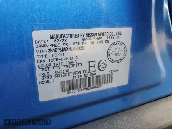 2022 Nissan Kicks S z VIN 3N1CP5BVXNL498820, wystawiony jako Copart lot #86065314 z przebiegiem 38 609 mil mil oraz Szkoda całkowita • Salvage title. Historia ofert i sprzedaży dostępna na DreamBid. Obrazek 12.