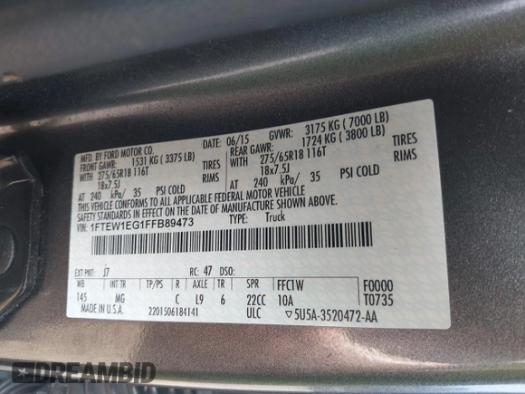 2015 Ford F-150 XLT with VIN 1FTEW1EG1FFB89473, listed as a IAAI auction lot 42590072 with 142,614 mi miles and . Bid and sale history available at DreamBid. Image 9.