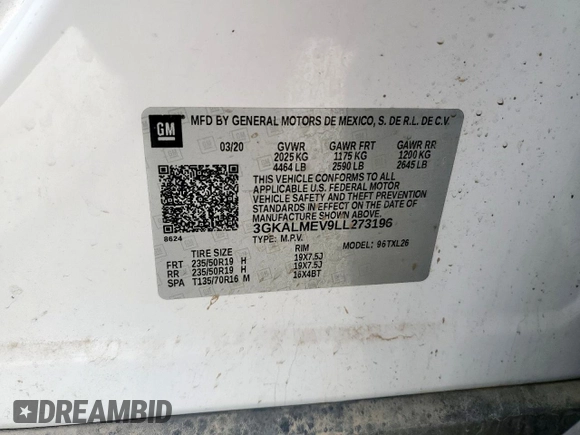 2020 GMC Terrain SLE with VIN 3GKALMEV9LL273196, listed as a Copart auction lot 57219035 with 128,763 mi miles and Salvage title. Bid and sale history available at DreamBid. Image 13.