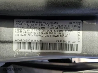 2002 Volkswagen Passat GLS with VIN WVWPD63B72P451245, listed as a Copart auction lot 79720954 with 208,783 mi miles and Salvage Title. Bid and sale history available at carsss.com. Image 14.