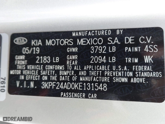 2019 Kia Forte LXS with VIN 3KPF24AD0KE131548, listed as a IAAI auction lot 41811241 with 51,664 mi miles. Bid and sale history available at carsss.com. Image 9.