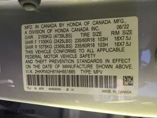 2022 Honda CR-V EX-L with VIN 2HKRW2H81NH651885, listed as a IAAI auction lot 41776851 with 19,116 mi miles. Bid and sale history available at carsss.com. Image 9.