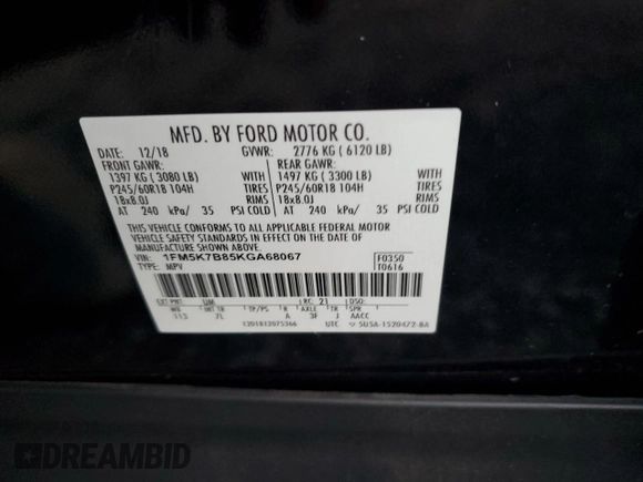 2019 Ford Explorer with VIN 1FM5K7B85KGA68067, listed as a Copart auction lot 78986164 with 57,371 mi miles and Salvage title. Bid and sale history available at DreamBid. Image 12.