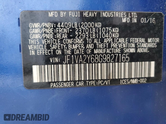 2016 Subaru WRX STI Limited with VIN JF1VA2Y68G9827165, listed as a Copart auction lot 61357975 with 118,565 mi miles and Salvage title. Bid and sale history available at DreamBid. Image 12.