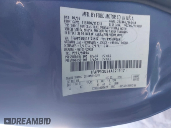2004 Ford Taurus SE with VIN 1FAFP53U54A121517, listed as a IAAI auction lot 41669679 with 146,088 mi miles and . Bid and sale history available at DreamBid. Image 9.
