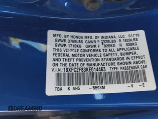 2019 Honda Civic Sport with VIN 19XFC2F83KE014463, listed as a IAAI auction lot 41439533 with 84,379 mi miles and . Bid and sale history available at DreamBid. Image 9.