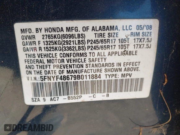 2009 Honda Pilot EX-L with VIN 5FNYF48679B011884, listed as a IAAI auction lot 41912728 with 195,904 mi miles and . Bid and sale history available at carsss.com. Image 9.