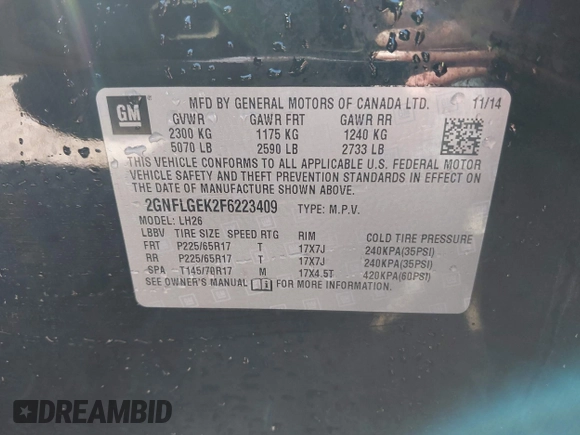 2015 Chevrolet Equinox LT with VIN 2GNFLGEK2F6223409, listed as a IAAI auction lot 41887859 with 176,662 mi miles. Bid and sale history available at carsss.com. Image 9.