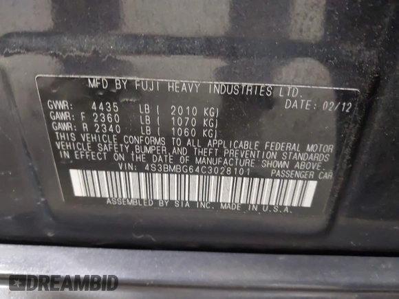 2012 Subaru Legacy 2.5i Premium with VIN 4S3BMBG64C3028101, listed as a IAAI auction lot 41862383 with 120,414 mi miles. Bid and sale history available at carsss.com. Image 9.