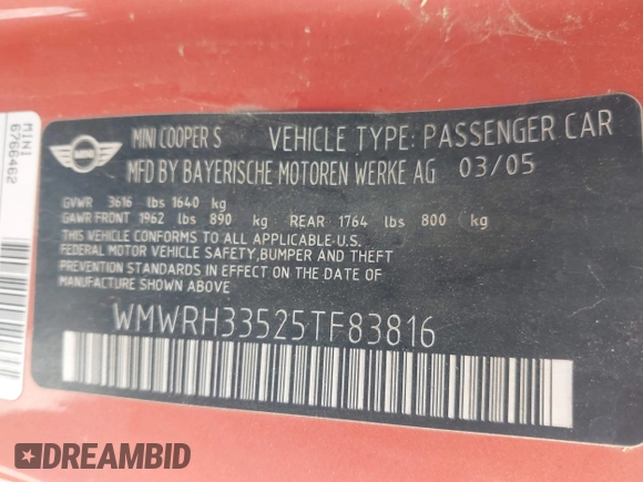 2005 MINI Convertible S z VIN WMWRH33525TF83816, wystawiony jako IAAI lot #42359592 z przebiegiem 137 013 mil mil oraz . Historia ofert i sprzedaży dostępna na DreamBid. Obrazek 9.