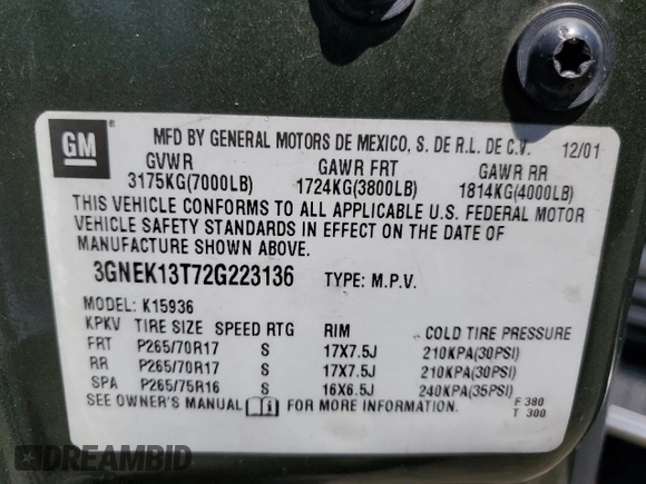 2002 Chevrolet Avalanche z VIN 3GNEK13T72G223136, wystawiony jako Copart lot #58119825 z przebiegiem 382 148 mil mil oraz Szkoda całkowita • Salvage title. Historia ofert i sprzedaży dostępna na DreamBid. Obrazek 13.